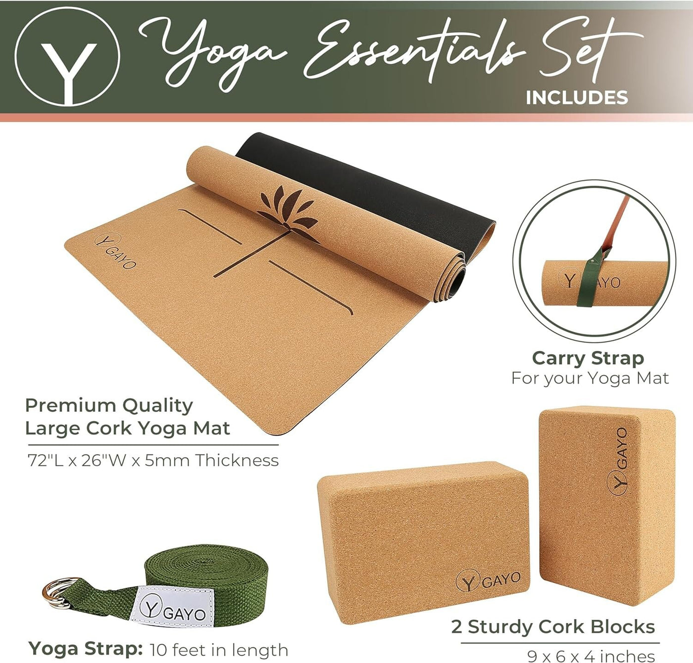 Ultimate Cork Yoga Kit – Eco-Friendly Large Mat with Alignment Lines, Blocks, Strap & Carry Strap – Premium Yoga Gift Set