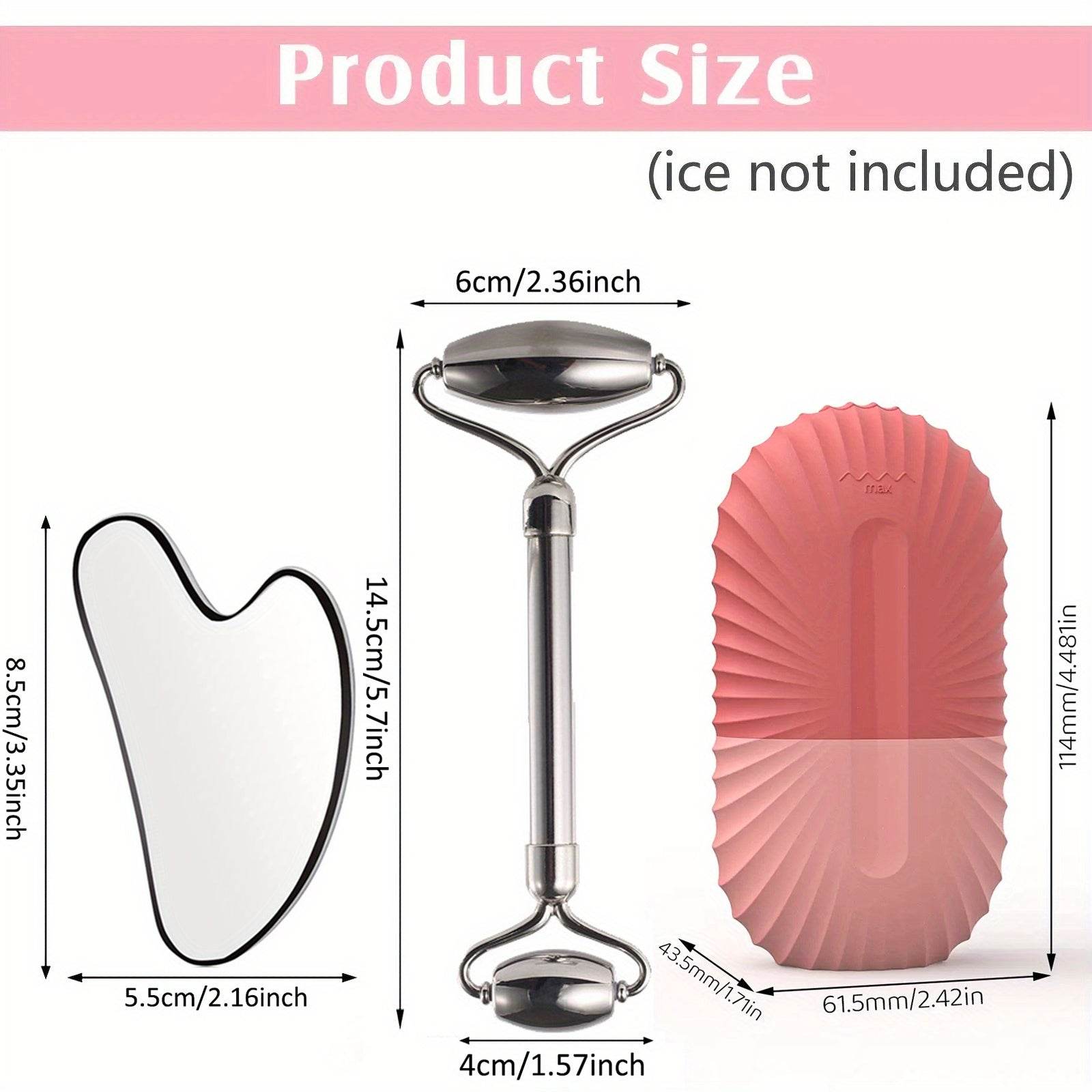 3 in 1 Stainless Steel Ice Face Roller Set, Gua Sha Facial Skincare Tool Kit, Reusable & Leakproof Skin Care Massage Contouring Tool, Unscented Beauty Roller Mold Cube, No Power or Battery Needed - FitGritStore