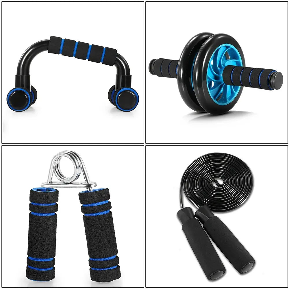 Complete ab roller wheel set with resistance bands, hand gripper, and jump rope