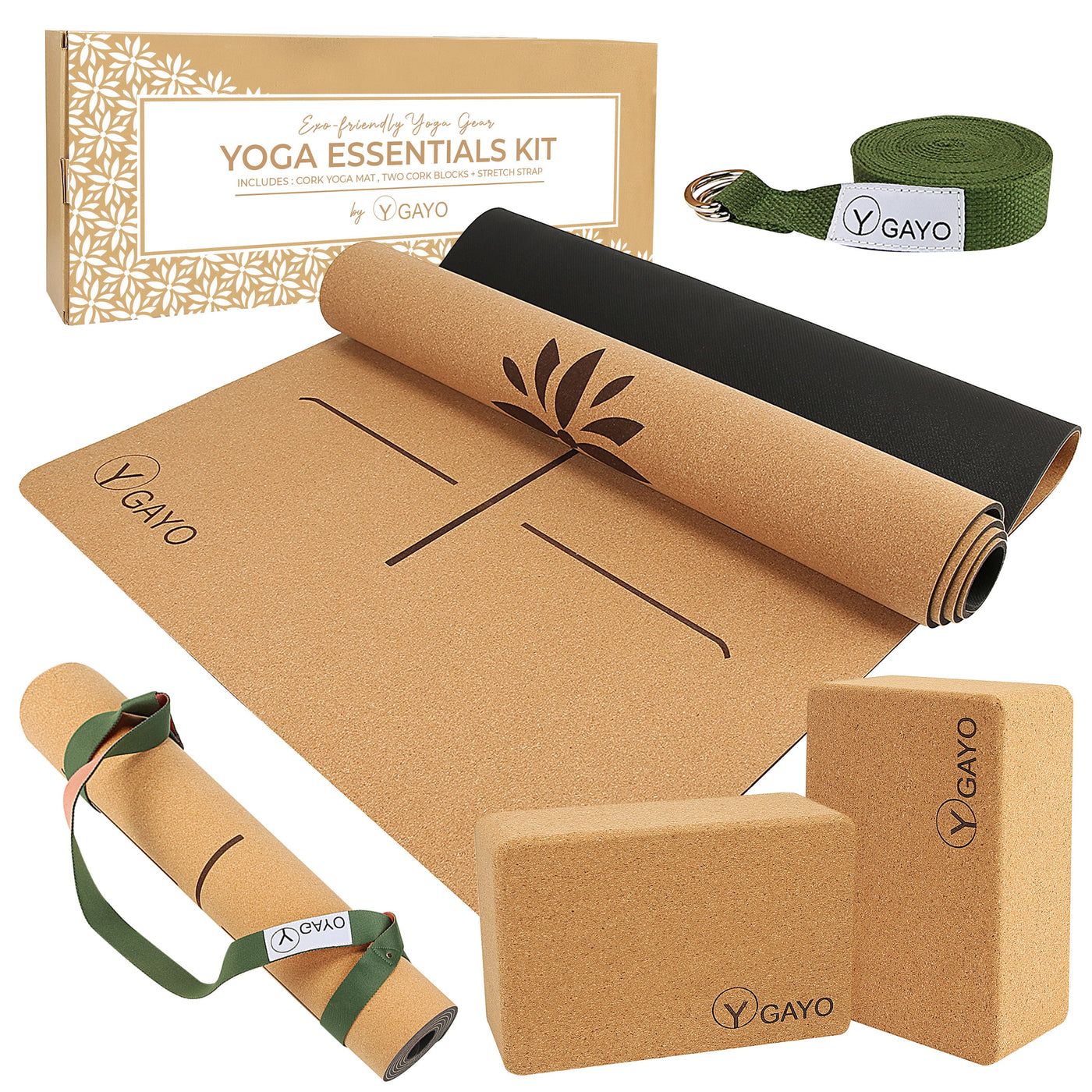 Ultimate Cork Yoga Kit – Eco-Friendly Large Mat with Alignment Lines, Blocks, Strap & Carry Strap – Premium Yoga Gift Set